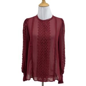 Joie Blouse Womens XS Extra Small Ruby Sheer Crochet Bishop Sheer Sleeves Top